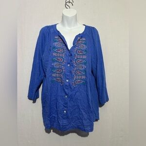 Khakis & Co Blue Embroidered Tunic | Size M | Boho & Breezy